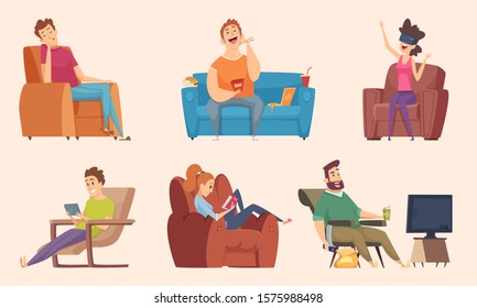 Sedentary lifestyle. Man and woman sitting relaxing eating food lazy working fat unhealthy characters watching tv vector cartoons