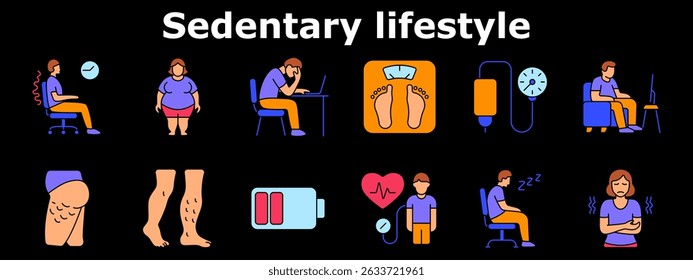 Ícone do conjunto de estilos de vida sedentários. Dor lombar, obesidade, fadiga, hipertensão arterial, má circulação, pernas cansadas, baixa energia, inatividade, veias varicosas, declínio da saúde. Ícones multicoloridos