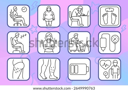 Sedentary lifestyle set icon. Back pain, obesity, screen fatigue, weight gain, blood pressure, swelling, weak legs, TV watching, fatigue.