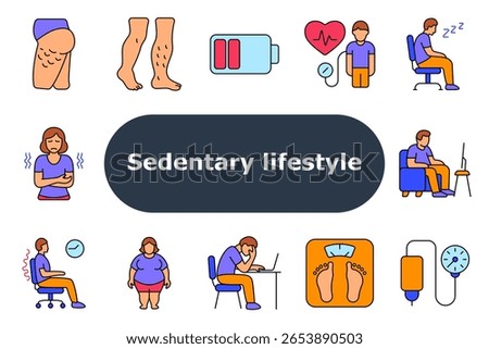 Sedentary lifestyle set icon. Cellulite, varicose veins, low energy, heart pressure, drowsiness, stomach discomfort, obesity, spine pain, scale, inactivity, screen time, sitting work, blood pressure.