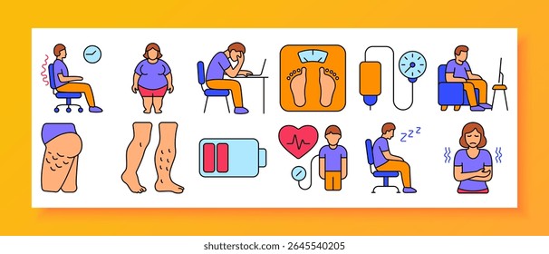 Ícone do conjunto de estilos de vida sedentários. Inclui dor de cadeira, sobrepeso do corpo, escrivaninha de computador, balança de pesagem, IV, pressão arterial, celulite, dreno de energia, batimento cardíaco, sono, digestão questão