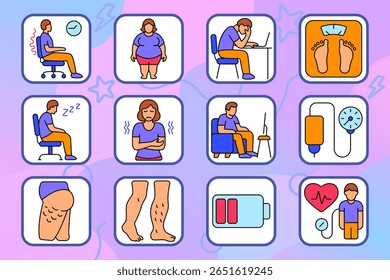 Ícone do conjunto de estilos de vida sedentários. Inclui dor de cadeira, sobrepeso do corpo, escrivaninha de computador, balança de pesagem, IV, pressão arterial, celulite, dreno de energia, batimento cardíaco, sono, digestão questão