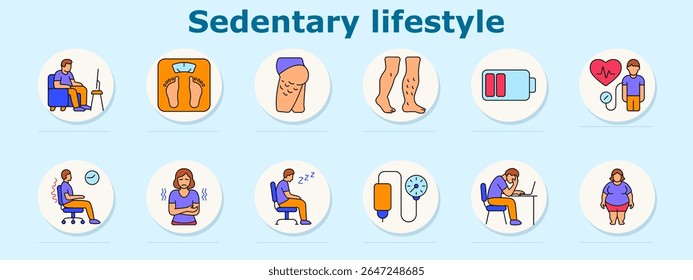 Ícone do conjunto de estilos de vida sedentários. Mostra pessoa sentada, escala, celulite, pernas, baixa energia, saúde do coração, tempo de cadeira, desconforto abdominal, sono sentado, IV, pressão, obesidade