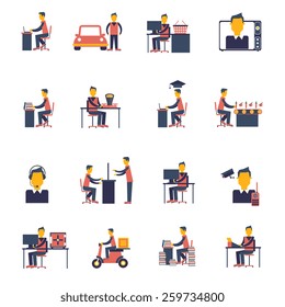 Sedentary living inactive passive man sitting icon flat set isolated vector illustration