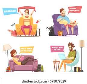 Sedentary persons retro cartoon icons with sport fan, work at laptop, reading, watching television isolated vector illustration