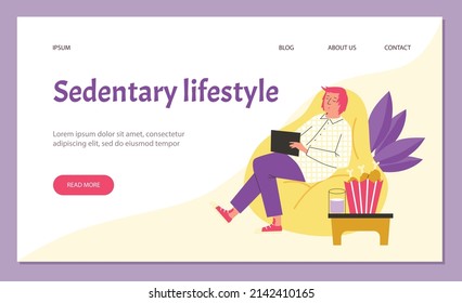 Sedentary unhealthy lifestyle web page interface template with man napping in chair, flat vector illustration. Maintaining inactive sedentary lifestyle problem.