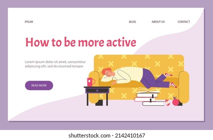 Sedentary unhealthy lifestyle web page concept with man fell asleep on sofa, flat vector illustration. Site interface for consultations on maintaining an active lifestyle.