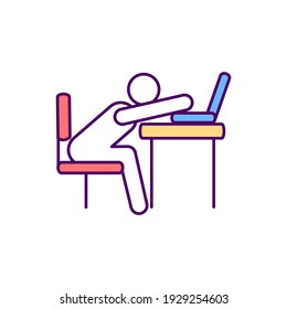 Sedentary workplace behavior RGB color icon. Awkward working posture. Occupational risk. Keeping physical activity during working hours. Public health issue. Isolated vector illustration