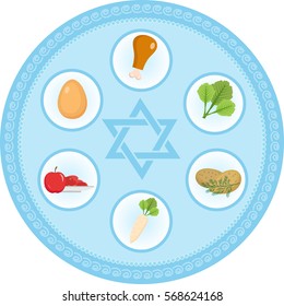 Seder plate of food, flat style. Jewish holiday of Passover. Isolated on white background. Vector illustration