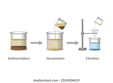 Sedimentation allows particles to settle, decantation removes the liquid layer, and filtration separates solids from liquids by passing through a filter.