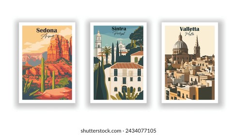 Sedona, Arizona. Sintra, Portugal. Valletta, Malta - Set of 3 Vintage Travel Posters. Vector illustration. High Quality Prints