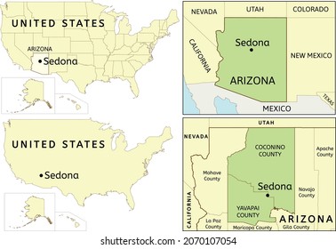 Sedona city location on USA, Arizona state, Coconino County and Yavapai County map