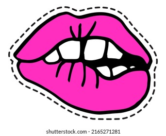 Seduction and romantic look of female biting lip. Temptation and lust, expression of feelings and romance. Affair and positive hesitation. Sticker or label, isolated icon, vector in flat style