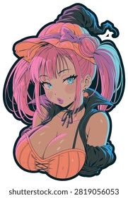 Seductive Anime Witch Girl with Pink Pigtails Halloween Portrait