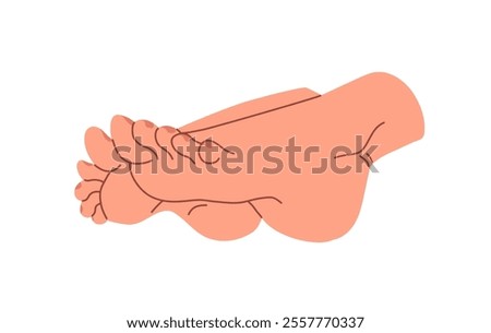 Seductive bare female feet in pose side view. Barefoot woman with pedicure. Anatomy of human legs: toes, nails, heel, sole. Podiatry and health. Flat isolated vector illustration on white background