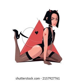 Seductive Cat Woman In Stockings, High Heels, Collar And Latex Fetish Suit Playing With Her Leash. Stylish Bdsm Pet Play Isolated Vector Illustration