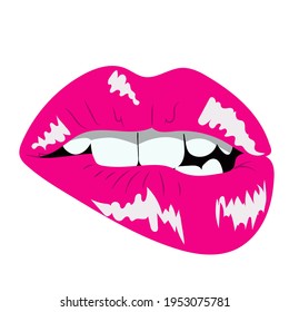 Seductive Female Lips Painted With Pink Gloss, Erotic Bite Of The Lip, Vector Clip Art In Flat Style