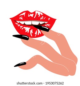 Seductive female lips painted red gloss, Erotic bite lip, Female fingers touching lips Vector clip art in flat style