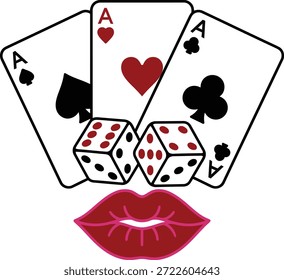 Seductive Gambling Luck Fortune Aces Dice and Passionate Red Lips Vector Illustration