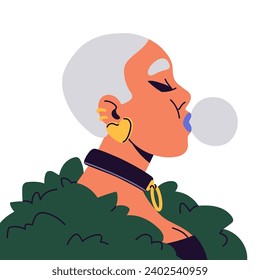 Seductive girl with bubble gum side view portrait. Fashion young woman user profile with earring. Sassy female avatar with short hair, eye arrows on face. Flat isolated vector illustration on white
