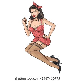 Verführerisches Mädchen buntes Pinup-Label mit Mode-Modell in Abendhemd und Strümpfen kokett biegsame Beine Vektorillustration