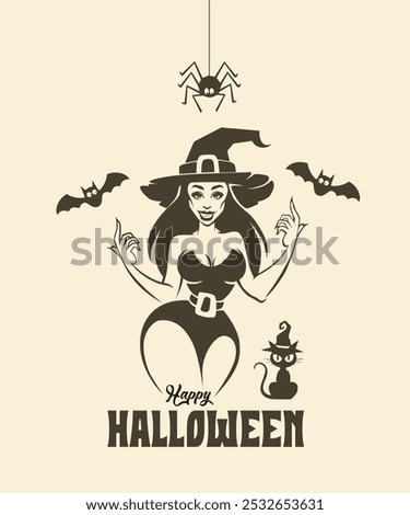 Seductive Halloween Witch wearing a hat and belt surrounded by spooky elements Poster