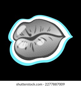 Los labios seductores en el estilo del arte pop de punto. Elementos de diseño de semitono retro para plantillas punk de grunge vintage. Estética de los 50-60 años. Ilustración vectorial.