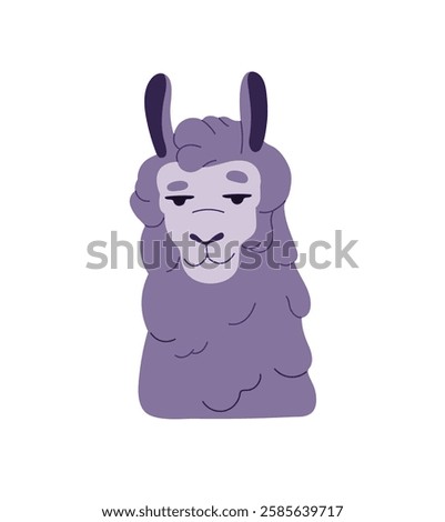 Seductive portrait of llama. Sexy lama with tempting facial expression. Avatar of smiling alpaca. Cute fluffy animal of Peru, Mexican character. Flat isolated vector illustration on white background
