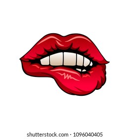Seductive red female lips. Flat vector icon of woman s mouth with white teeth. Design for postcard, sticker, mobile app or placard