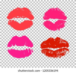 Seductive red lips imprints isolated on transparent background. Sensually lipstick kiss silhouettes. Valentines day romantic vector symbol. Provocative erotic element. Sexy and passionate kiss sign.