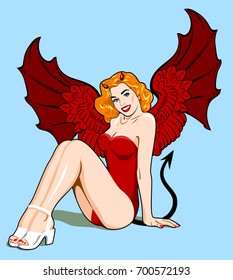 Seductive red-haired girl with demon wings and tail