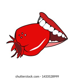Seductive sexy lips biting strawberries, color image in vector