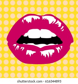 Seductive shiny lips on a yellow background in polka dots.