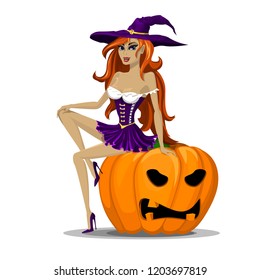 A seductive witch in a purple dress and hat is sitting on a large Halloween pumpkin. Vector illustration in cartoon style.