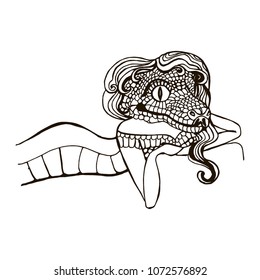 seductress girl snake with hair in dress. tattoo, print, sticker, black and white graphics.