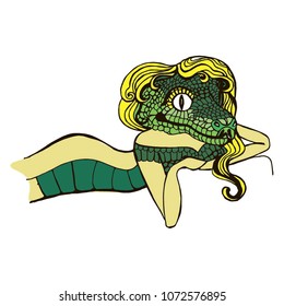 seductress girl snake with hair in dress. tattoo, print, sticker, color graphics.