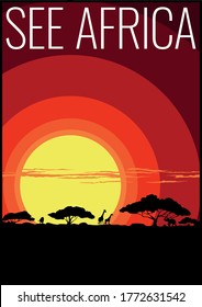 See Africa Tourists Poster, Sundown, African Landscape, Animals, Trees Silhouettes