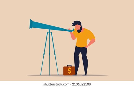 See ahead business and look to future career on telescope. Investment arrow goal and management vector illustration concept. Motivate rise and vision opportunity leadership. Forecast direction job