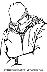 I don’t see anything, I don’t hear anyone. Sketch of a man who fell asleep while sitting, wearing a sweater and jacket, pulling his hat over his nose