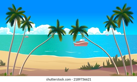 Sehen Sie die Strandlandschaft mit Kokospalmen und ein Boot läuft auf dem tiefblauen Meer Wasser.