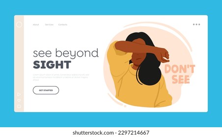 See Beyond Sight Landing Page Template. Young Woman Covering her Eyes Like Wise Monkey Do Not See Evil. Human Emotional Balance and Body Language Concept. Cartoon People Vector Illustration