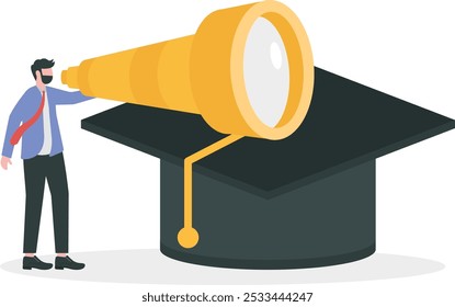 see business opportunity with higher education, getting high education to achieve career success, businessman standing on graduation cap looking for business opportunities using binoculars
