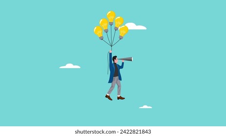 see business opportunity with knowledge, business skill for career opportunity, education for career success, businessman flying using a light bulbs balloon while looking at business opportunity