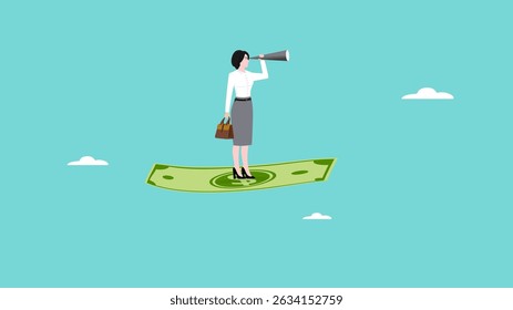veja oportunidades de negócios com poder do dinheiro, empresária voa em notas enquanto usa binóculos para ver oportunidades de negócios, procurando a próxima estratégia de negócios com ilustração do vetor de dinheiro
