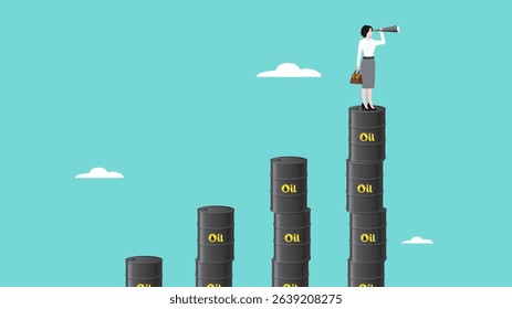 see business opportunity on oil and gas industry, strategy to success or business objective, woman who use a telescope to see the next business strategy standing on oil barrel stack growth graph