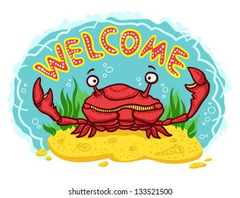 See crab welcomes tourists. Vector cartoon illustration.