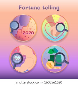 See the destiny of life flat vector illustration,Set icon fortune telling graphs for life, health, finance and love