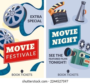 Ver películas destacadas esta noche en la noche del cine, pancarta promocional o evento. Tarjeta de invitación para visitantes, tambores especiales extra. Reserve entradas online, gire y entreténgase. Vector de estilo plano