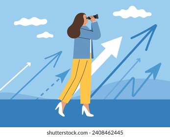 See future concept. Girl looks through telescope, arrows direction, opportunities exploring, woman studies perspective, vector illustration.eps
