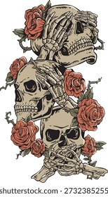 Ver Hear Speak No Evil Skulls with Roses Ilustração em estilo gótico vintage